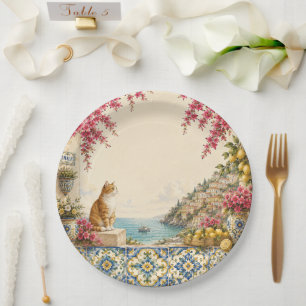 Mediterranean Escape Cat    Coastal Party Decor Paper Plate