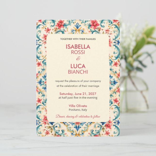 Mediterranean Escape Wedding | Italian Tile  Invitation (Standing Front)