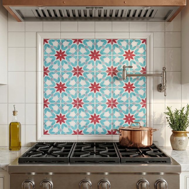 Mediterranean Faux Stone Teal Red Geometric Floral Tile (Creator Uploaded)