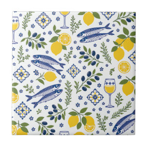 Mediterranean Fish, Lemons & Wine, Coastal Kitchen Tile