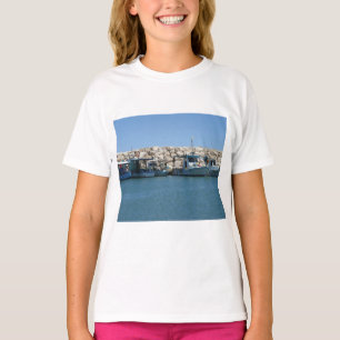 Mediterranean Fishing Boats in Blue Sea Design T-Shirt