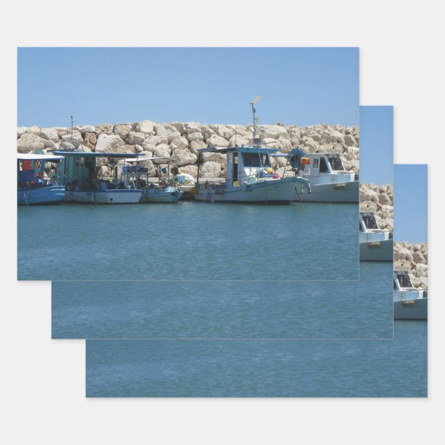 Mediterranean Fishing Boats in Blue Sea Design Wrapping Paper Sheet (Set)