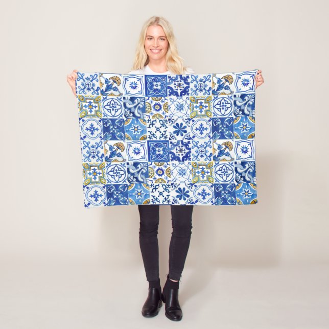 Mediterranean Floral Blue, White & Yellow Pattern Fleece Blanket (In Situ)
