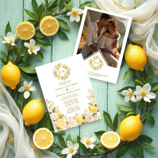 Mediterranean Flowers and Lemons Wedding Photo Invitation