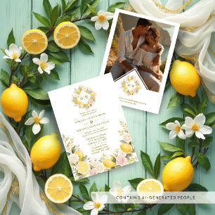 Mediterranean Flowers and Lemons Wedding Photo Invitation