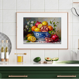 Mediterranean Fruit Bowl Still Life Oil Painting Poster
