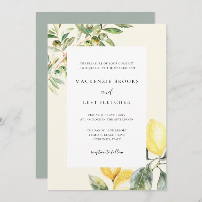 Mediterranean Garden Elegant Lemon Wedding Invitation (Front/Back)