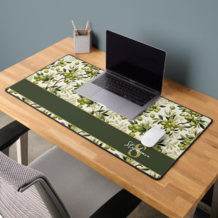 Mediterranean Green Olive Branch Pattern Monogram Desk Mat