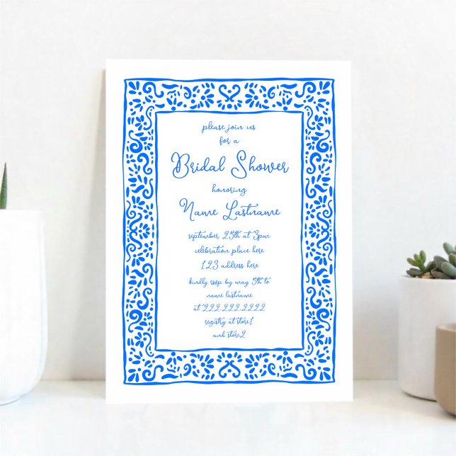 Mediterranean Hand Painted Blue Bridal Shower Invitation (Creator Uploaded)