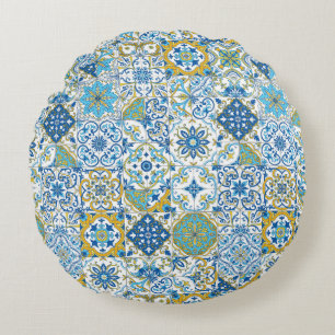 Mediterranean hues/ Azulejo tiles Round Cushion