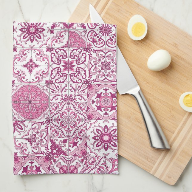 Mediterranean hues/ Azulejo tiles Tea Towel (Quarter Fold)
