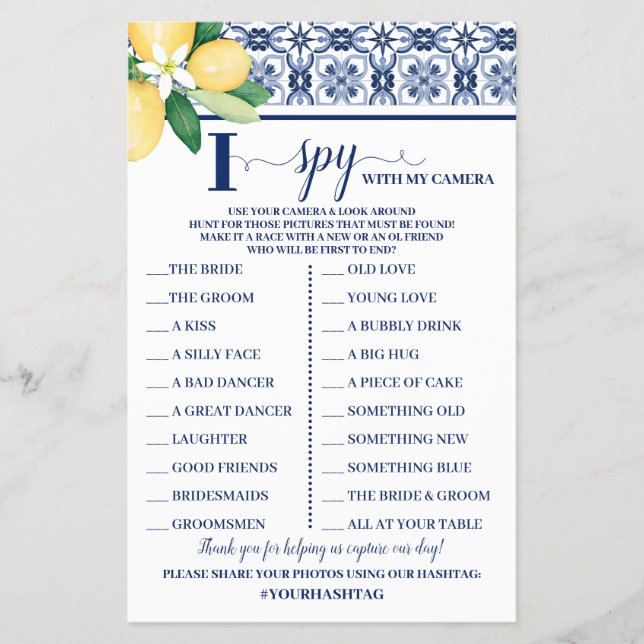 Mediterranean I Spy Wedding Reception Game Card (Front)