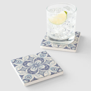 Mediterranean Inspiration Blue Bloom Geometric Stone Coaster