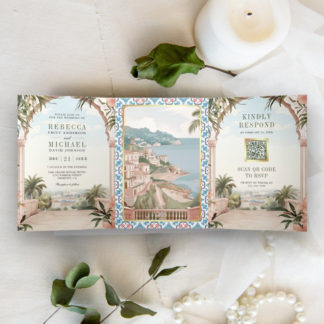 Mediterranean Italian Amalfi Coast QR Code Wedding Tri-Fold Invitation (Creator Uploaded)