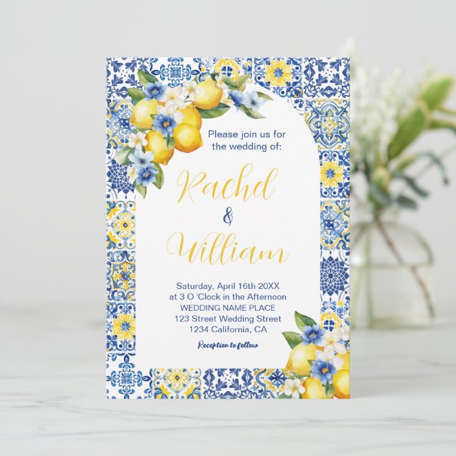 Mediterranean Italian Blue Tile & Lemon Wedding Invitation (Standing Front)