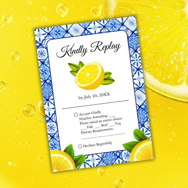 Mediterranean Italian Blue Tile Lemon Wedding  RSVP Card (Mediterranean Italian Blue Tile Lemon Wedding RSVP Card )