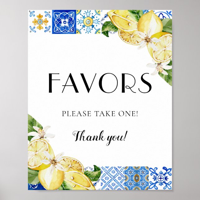 Mediterranean Italian Blue Tile Lemons Favours Sig Poster (Front)