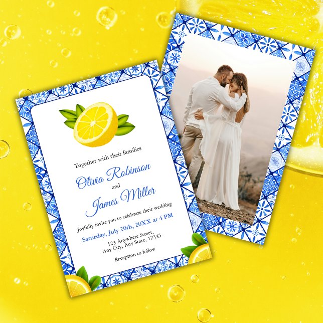 Mediterranean Italian Blue Tile Photo Wedding  Invitation (Mediterranean Italian Blue Tile Lemon Photo Wedding Invitation )