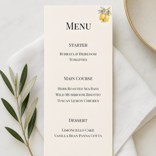 Mediterranean Italian Coastal Luxury Menu (Mediterranean themed wedding reception menu card)