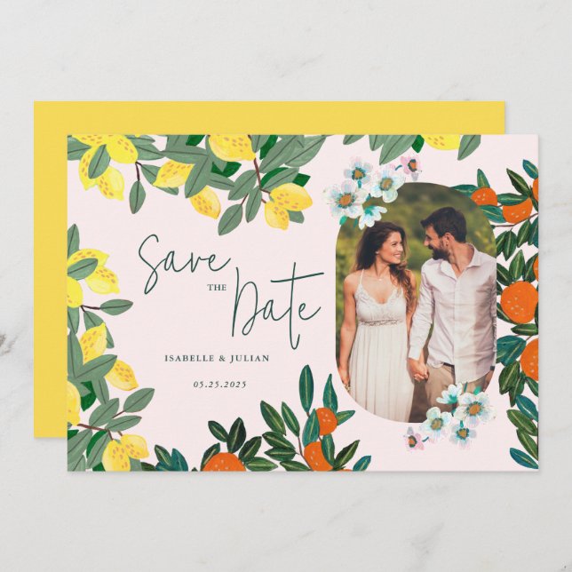 Mediterranean Italian Greece Lemon Pink Wedding Save The Date (Front/Back)