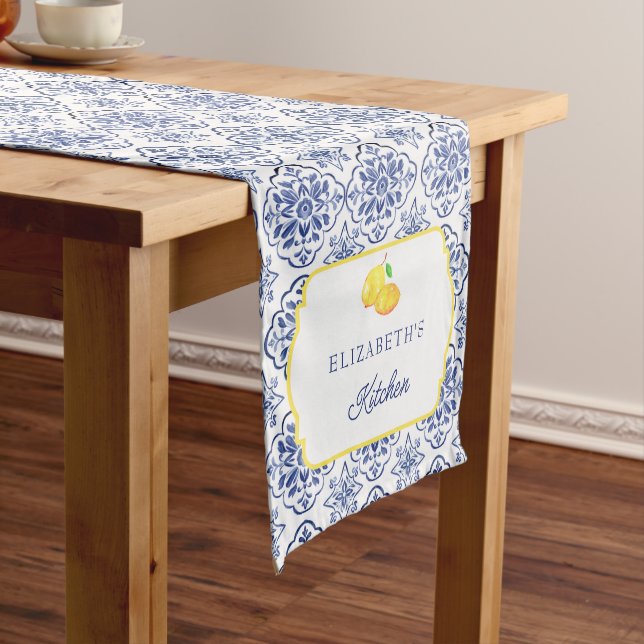 Mediterranean Italian Lemon Blue Tile Personalised Medium Table Runner (In Situ)