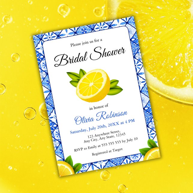 Mediterranean Italian Tile Lemon Bridal Shower Invitation (Mediterranean Italian Blue Tile Lemon Bridal Shower Invitation  )