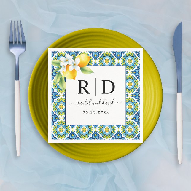 Mediterranean Italian tiles, lemon branch wedding Napkin (Creator Uploaded)