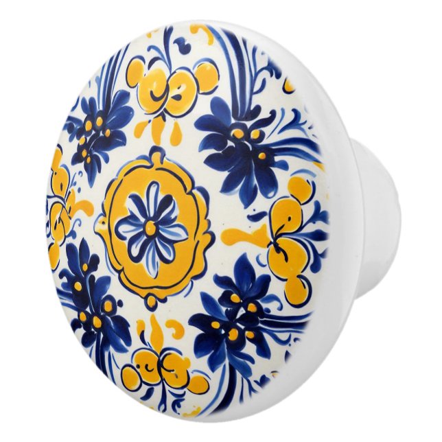 Mediterranean Italian Yellow & Navy Flower Floral Ceramic Knob (Right)