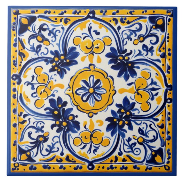 Mediterranean Italian Yellow & Navy Flower Floral Tile (Front)