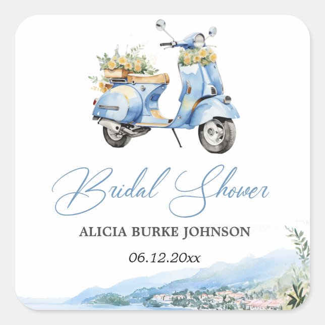 Mediterranean Italy Amalfi Vespa Bridal Shower Square Sticker (Front)