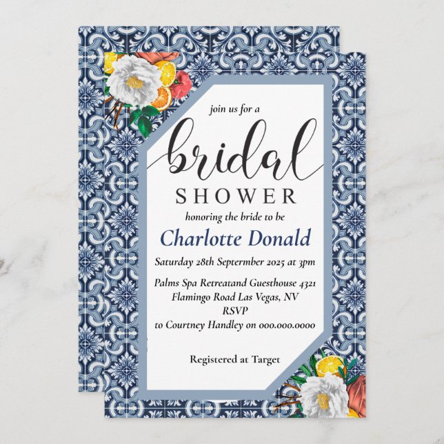Mediterranean Italy Blue Tiles Bridal Shower  Invitation (Front/Back)