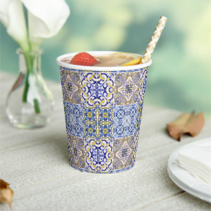 Mediterranean Italy Blue Tiles Bridal Shower Paper Cups