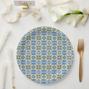 Mediterranean Italy Blue Tiles Bridal Shower Paper Plate