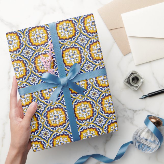 Mediterranean Italy Blue Tiles Bridal Shower  Wrapping Paper (Gifting)