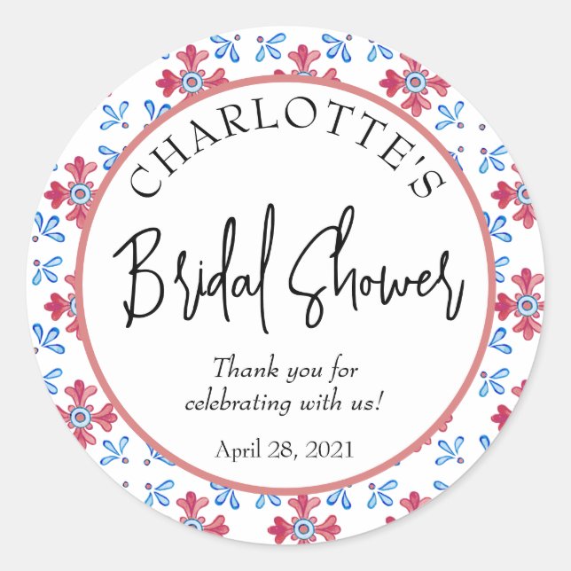 Mediterranean Italy Floral Pink Bridal Shower  Classic Round Sticker (Front)