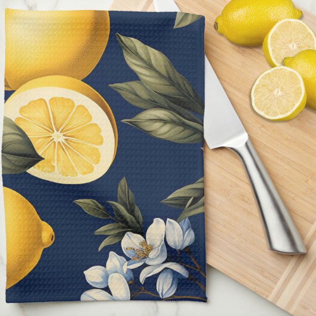 Mediterranean Kitchen Navy Lemons and Blooms Tea Towel (Creator Uploaded)