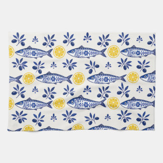 Mediterranean Kitchen Towels, Lemon, Olive & Fish Tea Towel