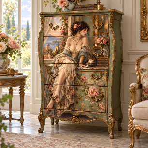 Mediterranean Lady With Cat and Roses Decoupage Tissue Paper