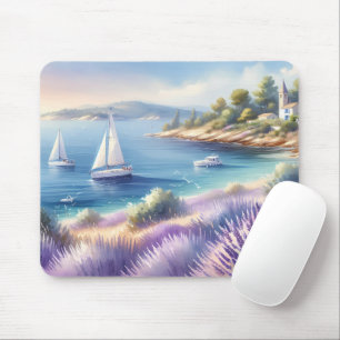 Mediterranean Lavender Coast with Sailboats Mouse Pad