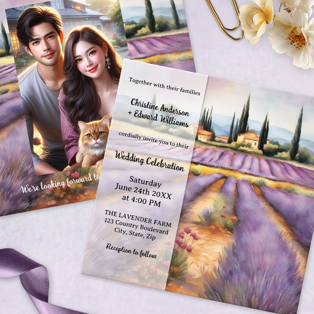 Mediterranean Lavender Farm Country Wedding Invitation (Mediterranean wedding invitation showing a painting of the country side with lavender farm + QR code)