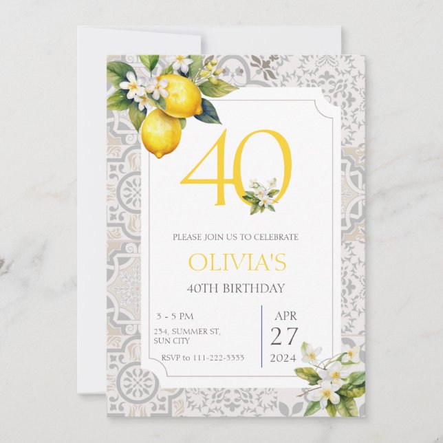 Mediterranean Lemon 40th Any Age Birthday  Invitation (Front)