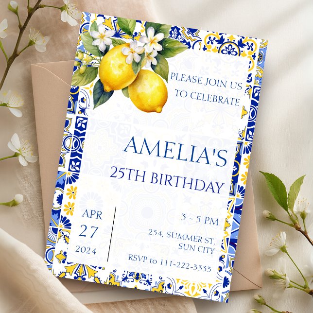 Mediterranean Lemon Amalfi Tiles Italian Birthday  Invitation (Mediterranean Lemon Amalfi Tiles Italian Birthday Invitation)