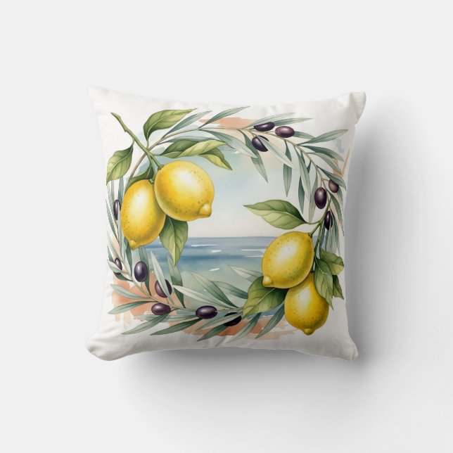 Mediterranean Lemon and Olive Branch Watercolor  Cushion (Front)