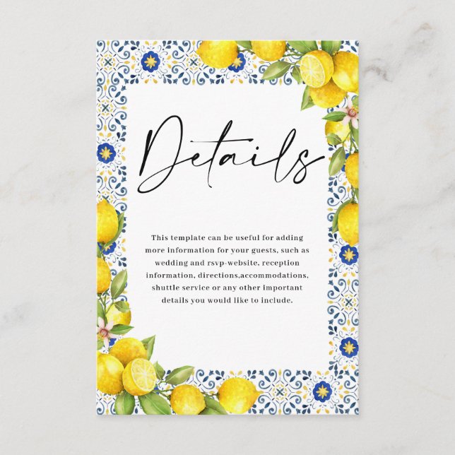 Mediterranean Lemon and Tiles Wedding Details Enclosure Card (Front)