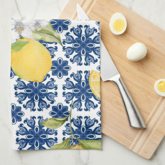 Mediterranean Lemon Azulejo Pattern Tea Towel