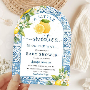 Mediterranean Lemon Baby Shower Blue Tiles Arched Invitation