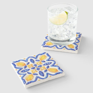 Mediterranean Lemon Blossom Ceramic Hand Painted  Stone Coaster