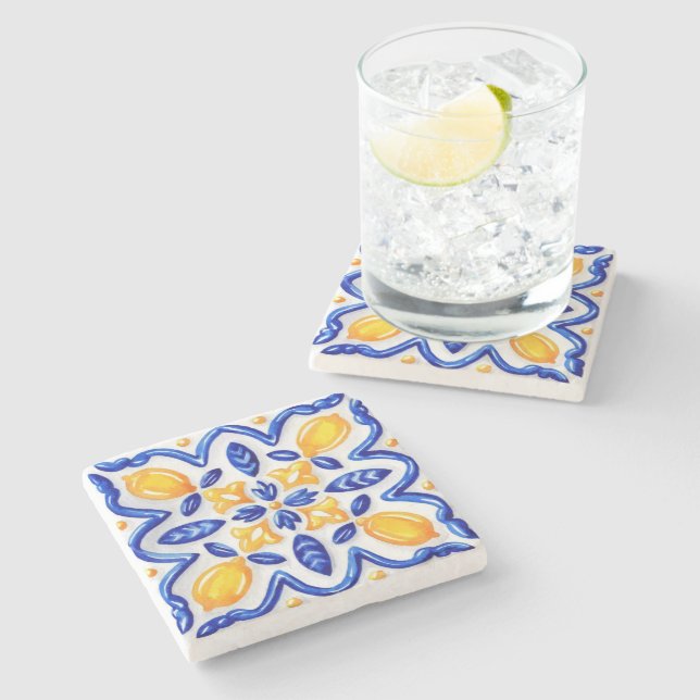 Mediterranean Lemon Blossom Ceramic Hand Painted  Stone Coaster (Side)