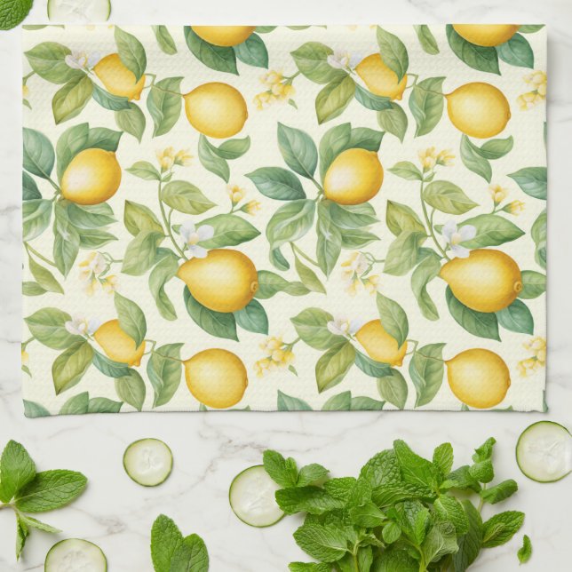 Mediterranean Lemon Blossoms Citrus Tea Towel (Folded)