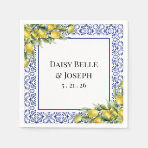 Mediterranean Lemon Blue Mosaic Tile Wedding Napkin